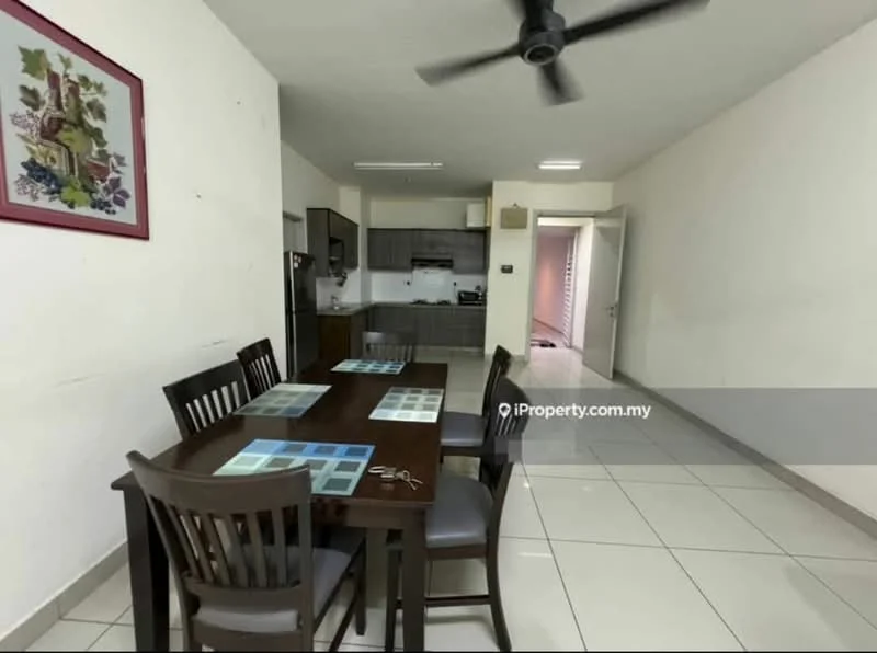 Dining features: dining table with 6 chairs, white walls, ceramic tile flooring, 5-blade ceiling fan, framed artwork on wall, open layout to kitchen, natural light from adjacent room, neutral color scheme; style: modern. Kitchen features: kitchen cabinetry in grey, white countertop, built-in oven, stainless-steel sink, 4-burner gas hob, microwave, refrigerator, tile backsplash; style: modern. Room features: hallway leading to other rooms, white walls, ceramic tile flooring, natural light.