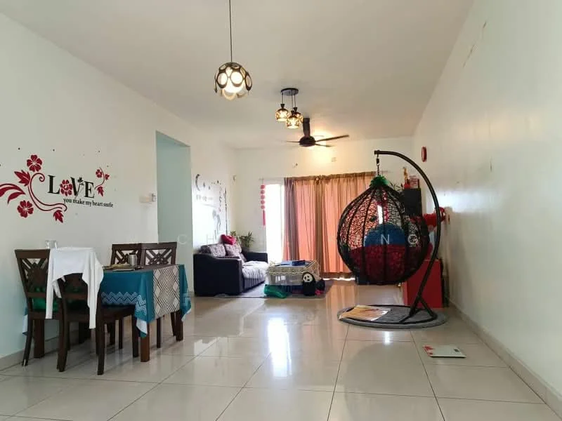 Living features: white painted walls, glossy tile flooring, 5-blade ceiling fan with light, pendant light, sofa in dark grey, hanging rattan chair, dining table with four chairs, decorative wall decals, curtains in beige, open layout, TV console, area rug; style: modern.