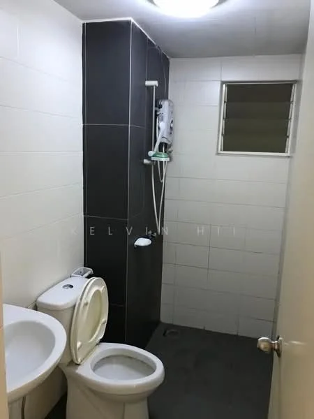 Bathroom features: white ceramic toilet, chrome flush handle, single-sink vanity with white cabinet, white sink, chrome basin mixer faucet, shower area with wall-mounted showerhead, grey tile flooring, black accent wall, white tiled walls, small window for ventilation, ceiling light fixture; style: modern.