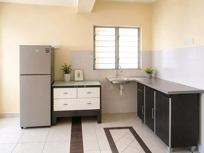 Kitchen features: grey laminate countertop, white cabinet with drawers, dark wood cabinet, stainless-steel fridge, single-bowl stainless-steel sink, chrome pull-down faucet, white tiled backsplash, cream painted walls, tile flooring, window with horizontal bars, potted plants on countertop; style: modern.