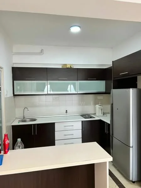 Kitchen features: dark wood cabinetry, white upper cabinets with glass panels, stainless-steel sink, chrome pull-down faucet, granite countertop, built-in stove, built-in oven, stainless-steel fridge, tile backsplash, ceramic tile flooring, recessed downlights, open shelving, kitchen island with breakfast bar; style: modern.
