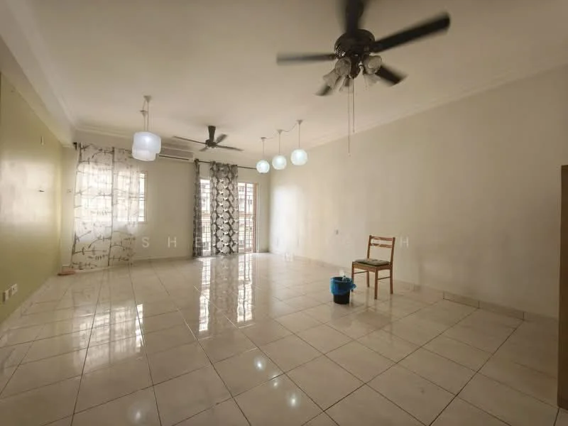 Living features: white painted walls, cream tiled flooring, 5-blade ceiling fan with light, 3 pendant lamps, floor-to-ceiling windows with sheer curtains, sliding glass door, decorative wall with green paint, empty chair, bucket on the floor; style: modern.