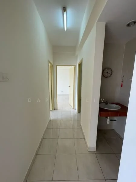 Room features: white painted walls, tile flooring, fluorescent ceiling light, doorways leading to other rooms, clock on the wall, sink with countertop, neutral color scheme; style: modern.