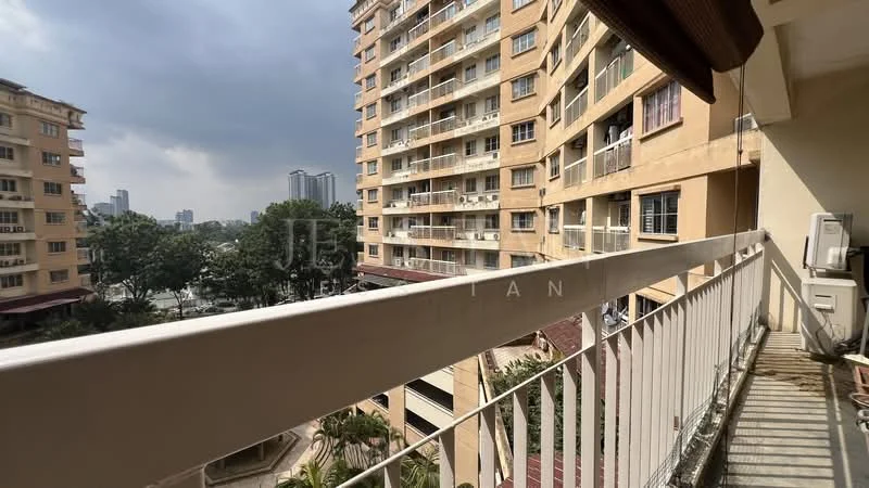 Room features: balcony with railing, floor tiles, view of surrounding buildings, city skyline in background, partially covered balcony, outdoor space, access to living area; view: city.