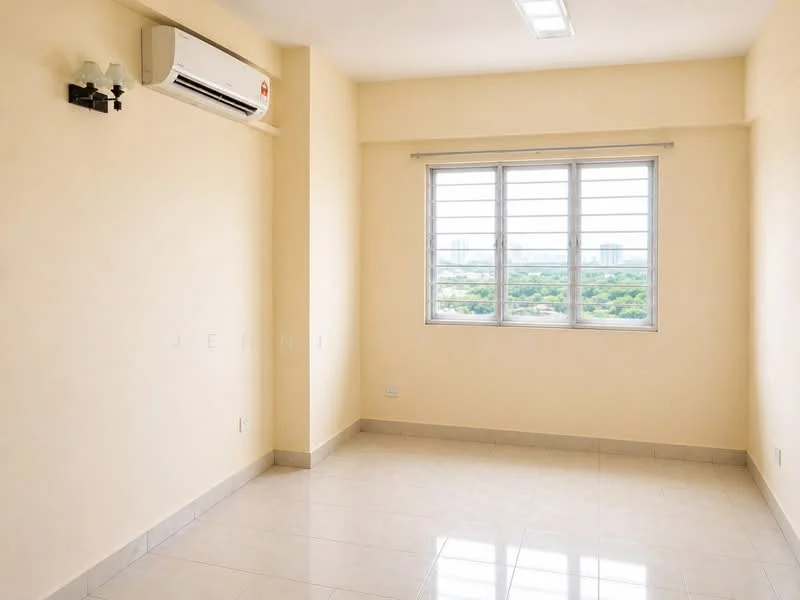Room features: cream painted walls, white ceiling, 1 wall-mounted split AC, floor-to-ceiling window, window with horizontal slats, tile flooring, recessed ceiling lights, neutral decor; style: modern; view: garden.