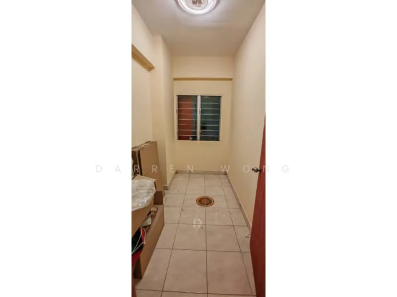 Room features: cream painted walls, white ceiling, tile flooring, window with metal grille, light fixture on ceiling, door with doorknob, circular floor drain, built-in cabinetry, empty space.