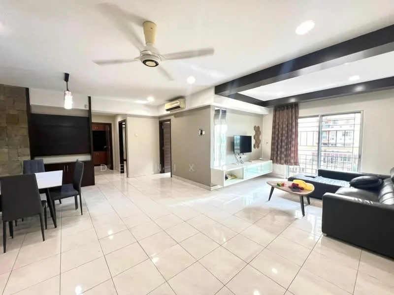 Living features: white tiled flooring, recessed downlights, 5-blade ceiling fan, black leather sectional sofa, coffee table, TV console, wall-mounted TV, decorative wall art, large windows with sheer curtains; style: modern; view: city. Dining features: white dining table for 4, grey upholstered dining chairs, open layout to living area, wall-mounted cabinetry, decorative stone feature wall; style: modern.