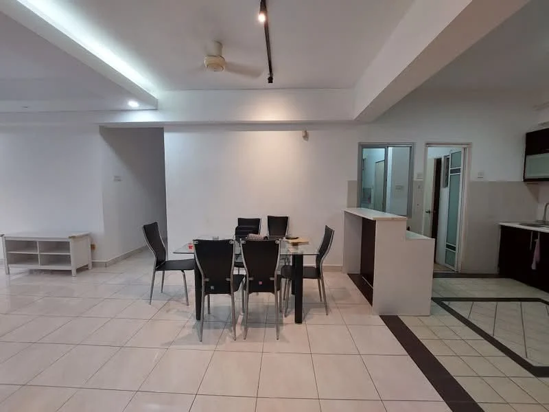 Dining features: glass dining table with six black chairs, white painted walls, recessed downlights, tile flooring, ceiling fan, open layout to kitchen, natural light from adjacent room; style: modern. Kitchen features: kitchen counter with bar seating, white cabinetry, stainless-steel appliances, tile backsplash, open layout to dining area; style: modern.