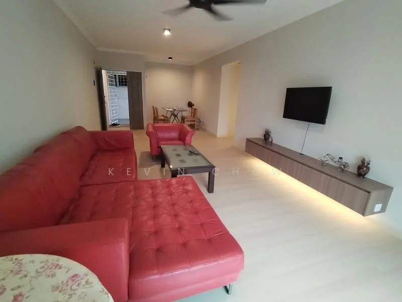 Living features: red leather sectional sofa, red leather armchair, glass coffee table, wall-mounted TV, wooden TV console, light-colored laminate flooring, ceiling fan, decorative vases on console, dining area visible in background, neutral painted walls; style: modern.