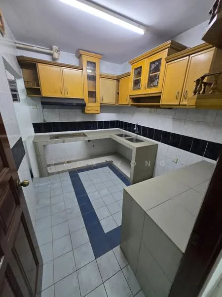 Kitchen features: yellow wooden cabinetry, black tiled backsplash, grey countertop, built-in sink area, open shelving, floor tiles in light grey, wall tiles in white, exhaust hood, under-cabinet lighting, corner countertop space, kitchen island with storage; style: traditional.