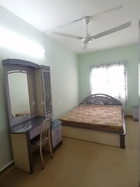 Bedroom features: light green painted walls, laminate flooring, queen-size bed, upholstered headboard, wooden bedside table, vanity table with mirror, chair, ceiling fan, curtains on window; style: modern.