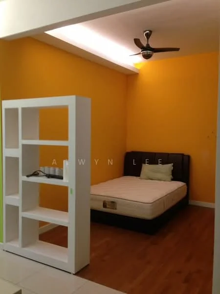 Bedroom features: orange painted walls, wooden flooring, 5-blade ceiling fan, queen-size bed, upholstered headboard, open shelving unit; style: modern.