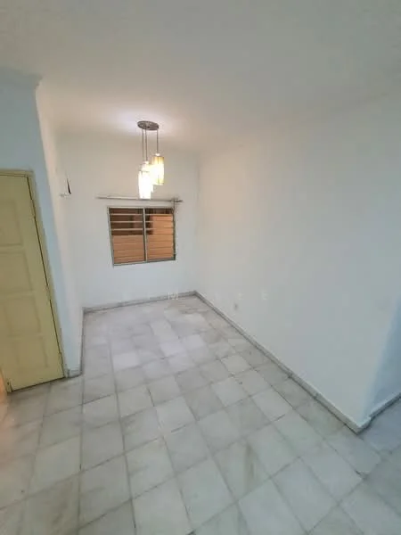 Room features: white painted walls, marble tile flooring, single pendant light, window with horizontal bars, plain ceiling, door with yellow finish; style: minimalist.