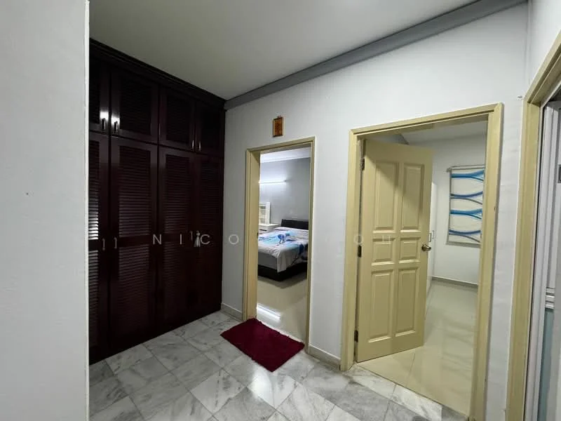 Room features: white painted walls, marble tile flooring, wooden wardrobe with louvered doors, cream-colored doors, red area rug, doorway leading to another room, doorway leading to bathroom, window with sheer curtains; style: modern.