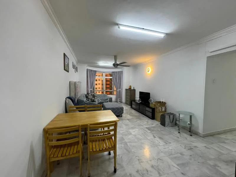 Living features: white painted walls, marble flooring, 5-blade ceiling fan with light, sofa in grey fabric, wooden dining table with 4 chairs, TV console, wall-mounted TV, curtains, large window with city view, decorative wall clock, area rug; style: modern; view: city.