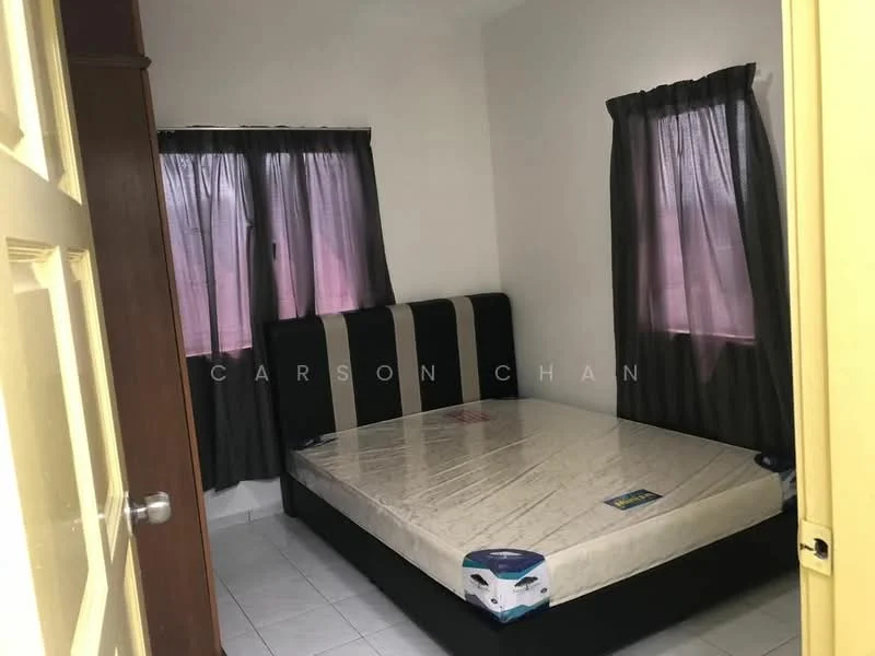 Bedroom features: queen-size bed, upholstered headboard, two windows, grey curtains, white walls, tile flooring, built-in wardrobe, light switch, door with handle, mattress on bed frame.