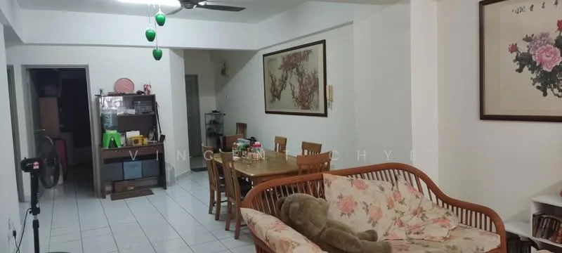 Living features: white painted walls, ceramic tile flooring, 5-blade ceiling fan, dining table with 6 chairs, sofa with floral upholstery, decorative wall art, wooden shelving unit, large window, area rug, houseplants in pots; style: contemporary. Room features: white painted walls, ceramic tile flooring, open layout, doorway to adjacent room.