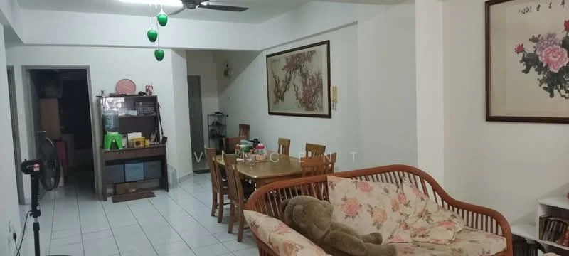 Living features: white painted walls, ceramic tile flooring, 5-blade ceiling fan, dining table with chairs, sofa with floral upholstery, decorative wall art, wooden furniture, open layout, natural light from windows; style: traditional.