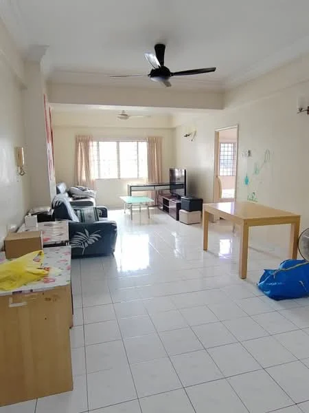 Living features: white painted walls, glossy white tile flooring, 5-blade ceiling fan, large window with sheer curtains, sofa in dark color, coffee table, TV console, wall-mounted TV, dining table in light wood, decorative wall art, area rug, side table, box storage, blue bag on floor; style: contemporary.