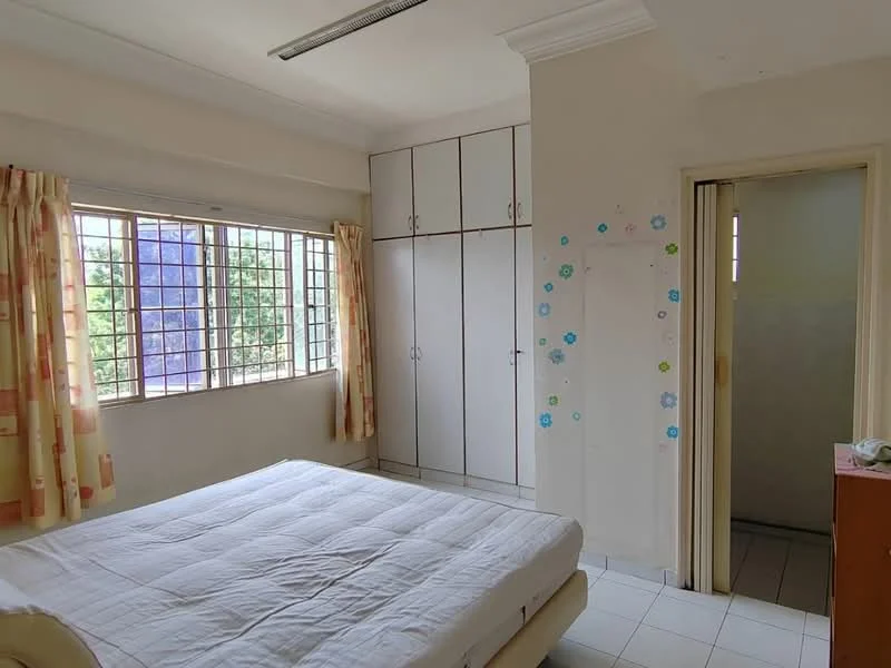 Bedroom features: single bed, built-in wardrobe with sliding doors, white painted walls, cream curtains, tile flooring, window with metal grille, door leading to bathroom, decorative wall stickers.