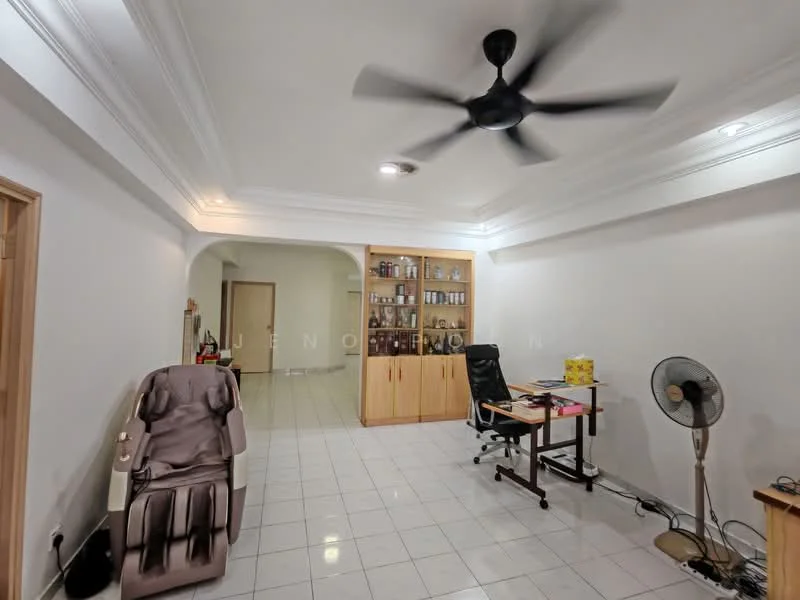 Living features: white painted walls, glossy tile flooring, tray ceiling with recessed lighting, 5-blade ceiling fan, wooden display cabinet, massage chair, wooden desk, office chair, floor fan; style: modern.