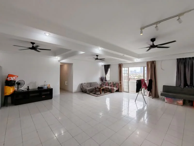 Living features: white painted walls, polished tile flooring, tray ceiling, 2 ceiling fans, floor-to-ceiling windows, sliding glass door, sheer curtains, dark curtains, sofa, coffee table, TV console, area rug; style: modern; view: city.
