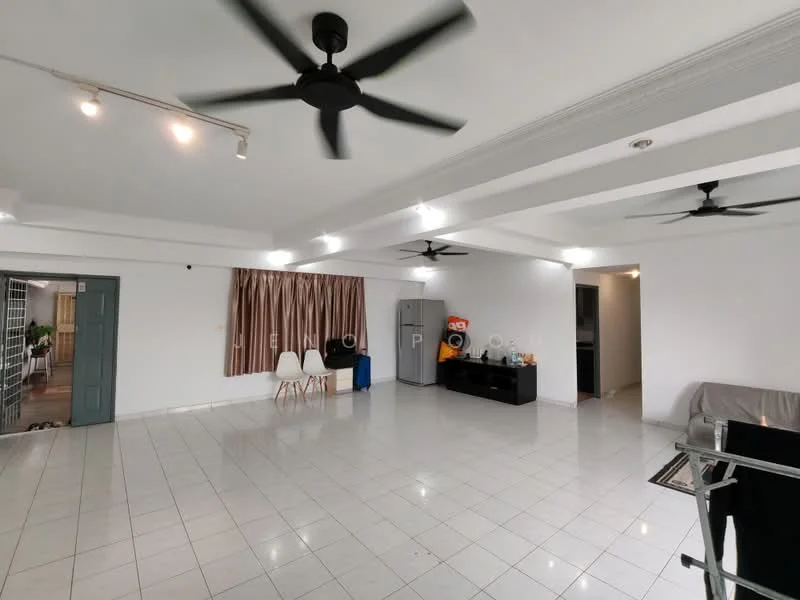 Living features: white painted walls, polished tile flooring, 5-blade ceiling fan with light, 5-blade ceiling fan with light, recessed downlights, large windows with curtains, black TV console, stainless-steel fridge, sofa, dining chairs, open layout; style: modern.