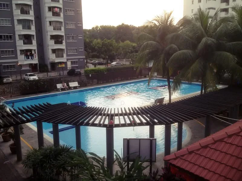 Exterior type: swimming pool deck; features: infinity pool, pool deck with loungers, palm trees, manicured landscaping, pergola structure, surrounding residential buildings, outdoor seating area, tropical landscaping; style: modern.