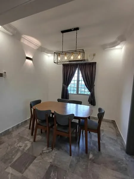 Dining features: round wooden dining table, 4 wooden dining chairs with grey upholstery, chandelier with multiple bulbs, white painted walls, grey marble tile flooring, floor-to-ceiling window with sheer curtains, crown moulding on ceiling, wall sconces; style: modern.