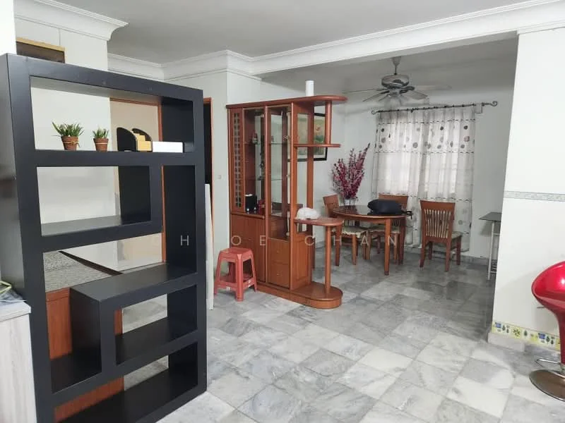 Living features: grey marble tile flooring, white painted walls, ceiling fan, wooden dining table with chairs, wooden display cabinet, open shelving unit, decorative plants, curtains with floral pattern, red accent chair; style: contemporary.