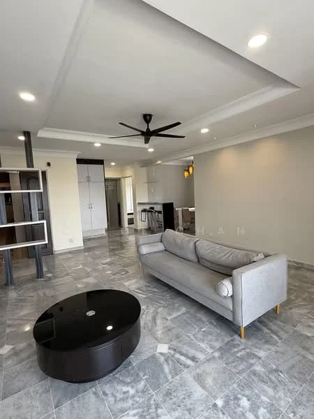 Living features: grey fabric 3-seater sofa, black round coffee table, marble tile flooring, recessed downlights, 5-blade ceiling fan, white painted walls, crown moulding, open-plan layout, kitchen area visible in background, built-in shelving unit, sliding door to balcony; style: modern.