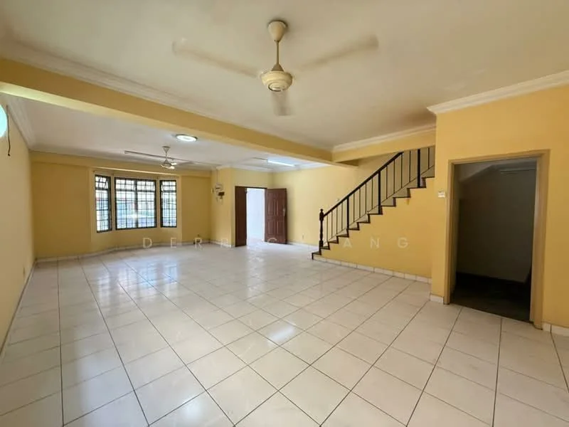 Room features: yellow painted walls, white tiled flooring, ceiling fan, recessed ceiling lights, large windows with grid pattern, staircase with wooden railing, open layout, corner windows, doorway leading to another room; style: traditional.