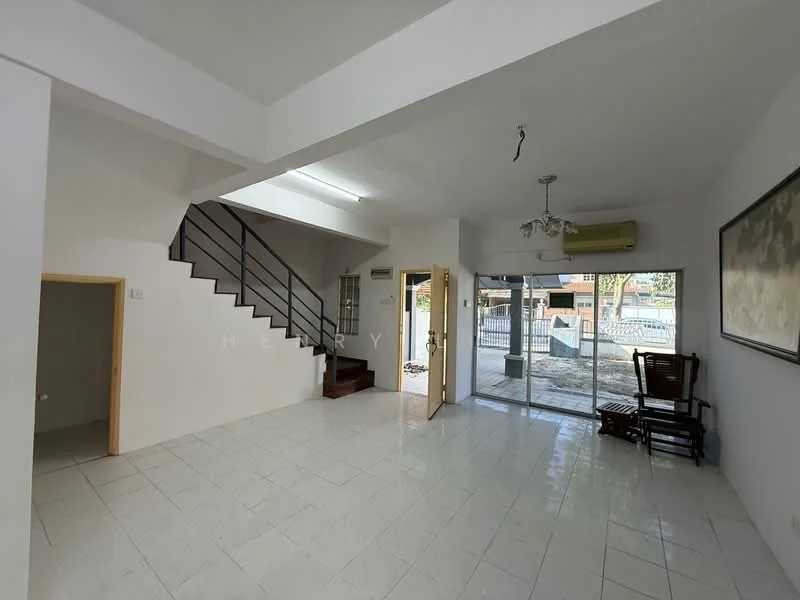 Living features: white painted walls, white tiled flooring, ceiling light fixture, 5-blade ceiling fan, large glass sliding door, staircase with metal railing, air conditioning unit, decorative wall art, open layout; style: modern; view: garden. Room features: white painted walls, white tiled flooring, doorway leading to unknown room.