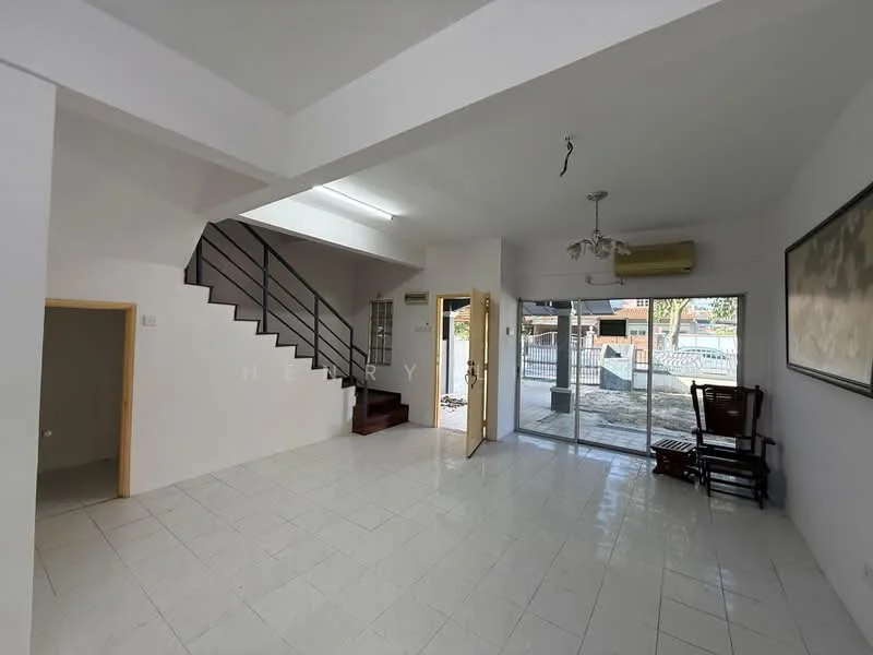 Living features: white painted walls, ceramic tile flooring, ceiling fan, recessed downlights, sliding glass door, large window, staircase with metal railing, air conditioning unit, decorative wall art, open layout; style: modern; view: garden.