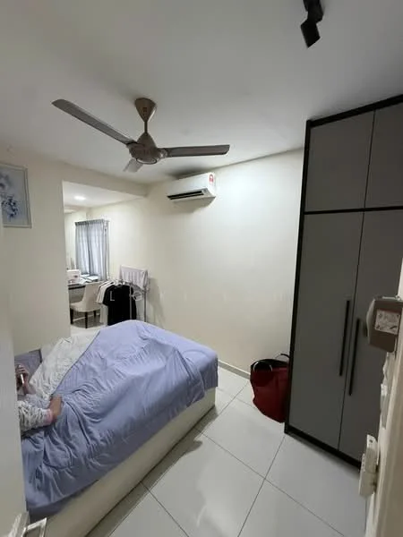 Bedroom features: queen-size bed with light blue bedding, 2-blade ceiling fan, 1 wall-mounted split AC, white painted walls, white tiled flooring, built-in wardrobe with grey and white finish, curtains on window, decorative wall art, laundry drying rack, area rug; style: modern.
