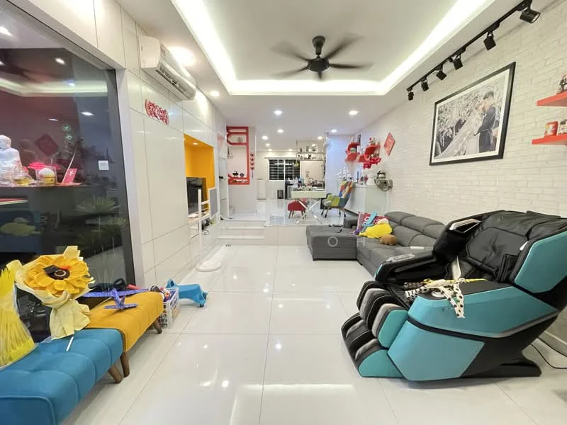 Living features: white painted walls, grey accent wall with brick pattern, glossy white tile flooring, tray ceiling with recessed lighting, 5-blade ceiling fan, sofa in grey fabric, blue accent chair, colorful decorative cushions, coffee table, wall-mounted TV, decorative wall art, open shelving with decorative items, potted plants; style: modern.