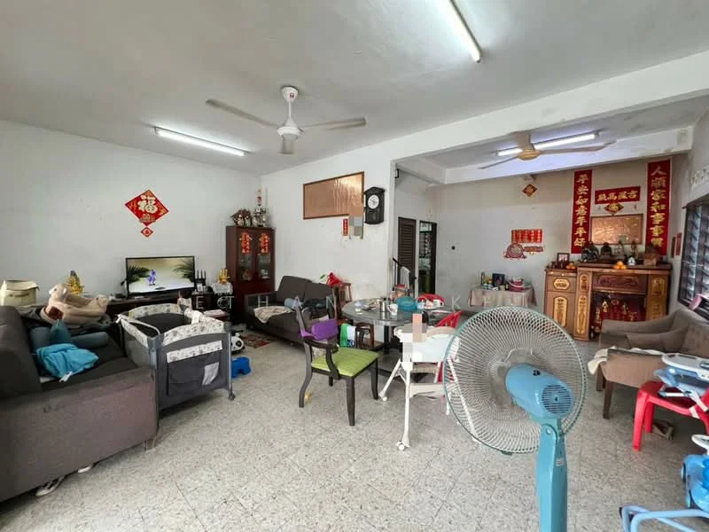 Living features: grey fabric sofa, 2-seater black leather sofa, wooden coffee table, TV console with television, decorative wall with red banners, ceiling fan, tile flooring, wall-mounted fan, open layout, decorative items on shelves, window with blinds, light-colored walls; style: traditional.