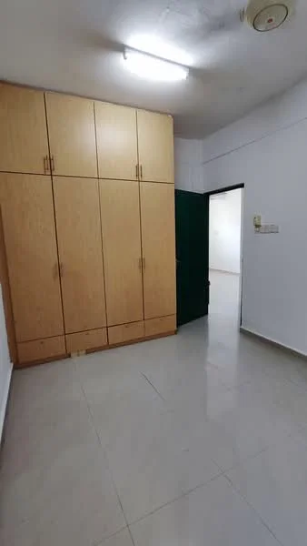 Room features: built-in wardrobe with wooden finish, white walls, tile flooring, ceiling light fixture, green door, neutral color scheme; style: modern.