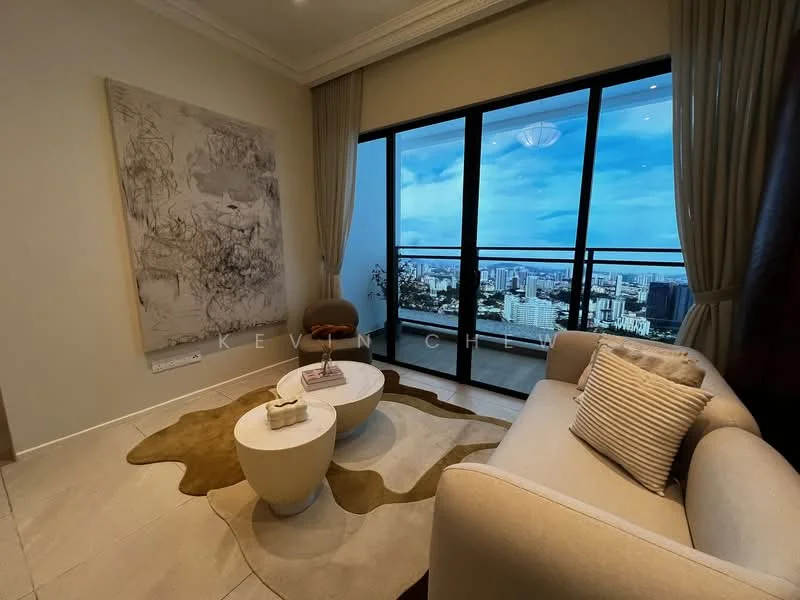 Living features: beige fabric sofa, round coffee table, area rug with abstract pattern, floor-to-ceiling windows, city view, curtains, decorative wall art, recessed ceiling lights; style: modern; view: city.