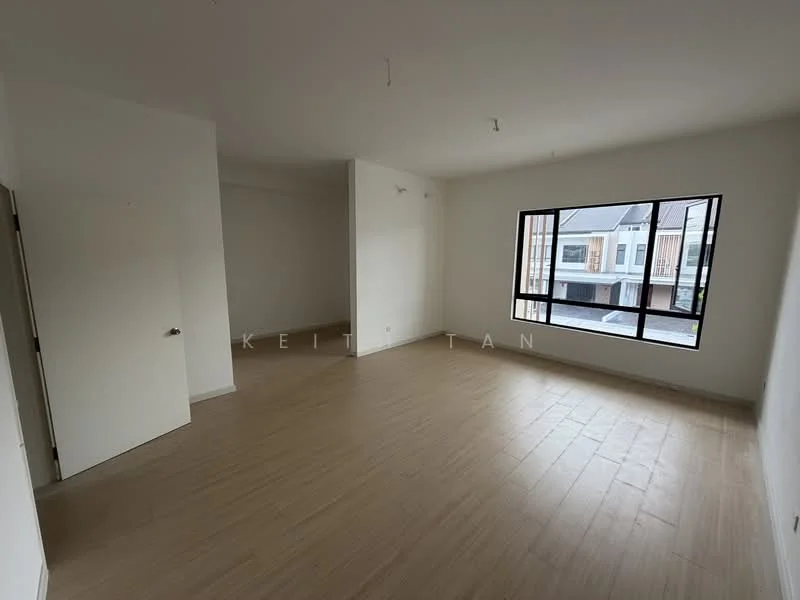 Room features: white painted walls, laminate flooring, large window with black frame, natural light, no visible furniture, neutral color scheme, high ceiling, minimalist design; style: modern.
