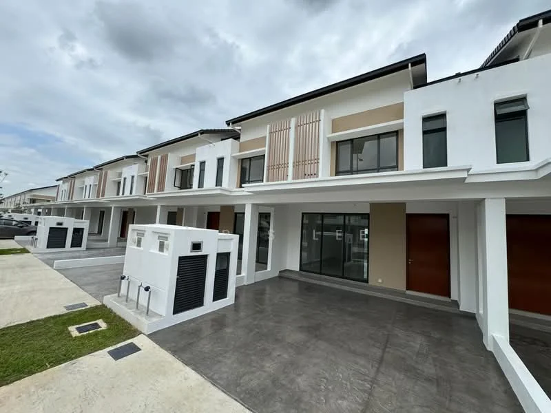 Exterior type: linked terrace house; features: white painted facade, cream accent panels, flat roof, two-storey structure, manicured lawn, paved driveway, large windows, wooden doors, modern architectural design, front porch area; style: modern.