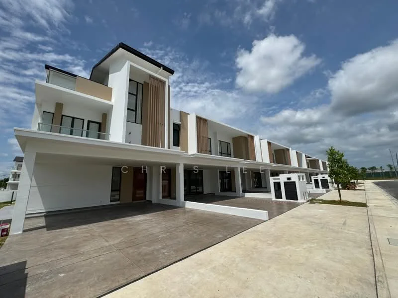 Exterior type: linked terrace house; features: white painted facade, cream accent panels, flat roof, two-storey structure, large windows, balconies on upper floors, manicured landscaping, paved driveway, front porch area, modern architectural design; style: modern.
