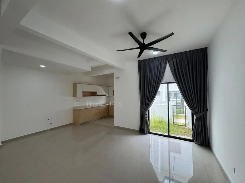 Living features: grey tiled flooring, white painted walls, exposed ceiling beams, 5-blade ceiling fan with light, floor-to-ceiling sliding glass door, blackout curtains, natural light from window, open layout to kitchen; style: modern; view: garden. Kitchen features: light wood cabinetry, white countertop, built-in kitchen appliances, open layout to living area; style: modern.
