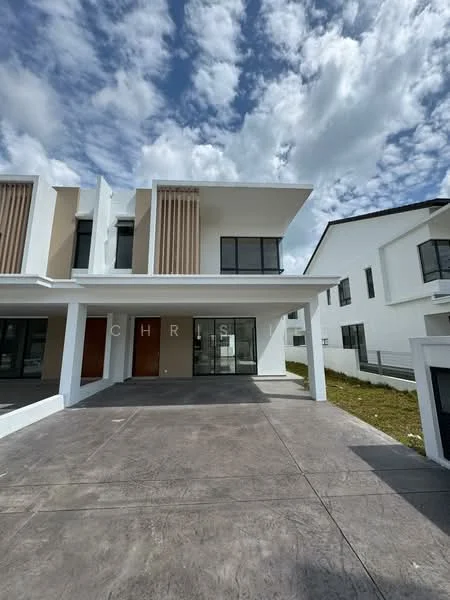 Exterior type: semi-detached house; features: white painted facade, cream accent panels, large windows, double main entrance doors, concrete driveway, manicured lawn, two-storey structure, flat roof, surrounded by other residential buildings; style: modern.