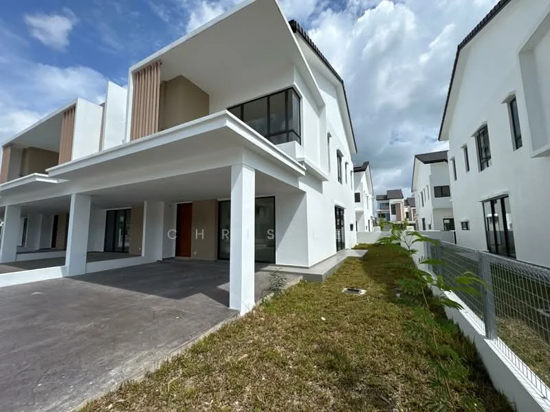 Exterior type: linked terrace house; features: white painted facade, flat roof, approximately 2-storey, manicured lawn, paved walkway, large windows, covered car porch, balconies on upper floors; style: modern.