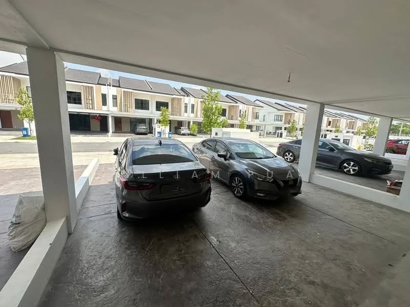 Exterior type: car porch; features: covered parking, concrete flooring, two parked cars, surrounding residential buildings, manicured landscaping, street view, modern architecture, light fixtures on ceiling; style: modern.