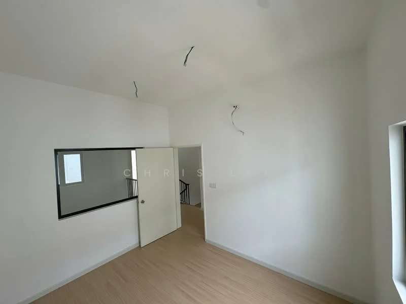 Room features: white painted walls, light wood flooring, door leading to another room, large window, ceiling with exposed wiring.