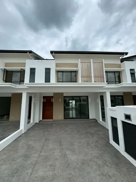 Exterior type: linked terrace house; features: white painted facade, glass windows, wooden slatted balcony, concrete driveway, single main entrance door, two-storey structure, flat roof, manicured landscaping, surrounded by cloudy sky; style: modern.