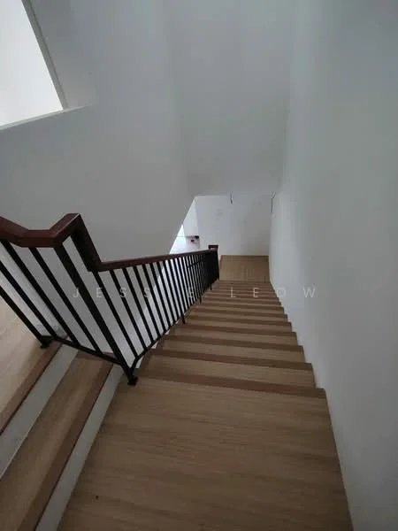 Room features: wooden staircase, white painted walls, natural light from upper level, handrail with black metal balusters, light wood flooring; style: modern; view: staircase.