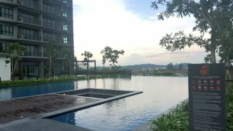 Exterior type: high-rise condominium; features: infinity pool, pool deck with loungers, landscaped garden, mature trees, wooden decking, signage board, city skyline in background; style: modern.